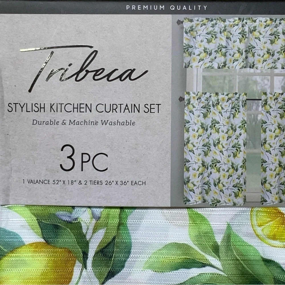 Tribeca Cafe Curtain Set Lemon Print 3 Piece Tier Set Fruit Floral White Yellow